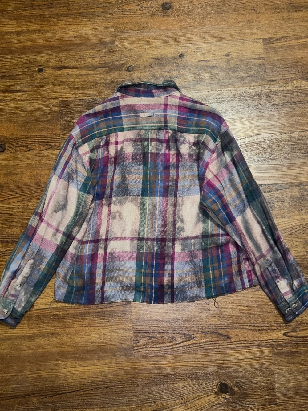 Vintage Acid Wash Crop Flannel Distressed Tie Dye Plaid Button Up Shirt Size L - Picture 2 of 10